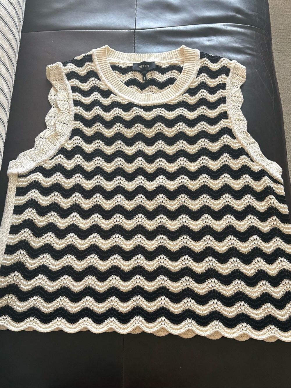 ME+EM Black and Cream Crochet Wave Knit Sleeveless Top